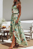 Joskaa Fashion Round Neck Floral Print Green Dress