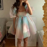 JOSKAA Women Puff Sleeve Tulle Tutu Princess Dress Square Collar Mesh Ruffle Bubble Skirt Wedding Evening Party Prom Mini Fairy Dress
