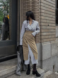 Joskka Korean Fashion Long Skirt Women Autumn Side Button Irregular Fake Two Piece Patchwork Slim Split Pencil Skirt Casual