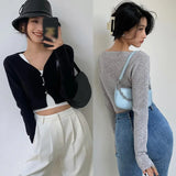 Joskaa-Women's V Neck Button Casual Sexy Navel Exposed Long-Sleeved Knitted Cardigan Tops