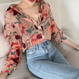 Joskaa-Women's Fashion Floral Print V-Neck Long Sleeve Chiffon Shirt Blouse Office Button Luxury Shirt Vintage Tops Tunics M-2XL