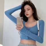 Joskaa-Autumn Spring Women's Ribbed Knit Crop Top Long Sleeve Solid Color Scoop Neck Button Up Skinny Blouse Sexy Club Streatwear