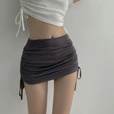 Joskaa-Summer New Temperament Drawstring Pleated Skirt Female Anti-glare Bag Hip Short Skirt High Waist Skirt