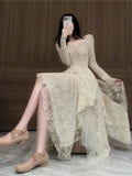 Joskaa-French Elegant Women's Vintage Dress 2024 Autumn Winter New Irregular Lace Splicing Evening Long Bridesmaid Party Dress