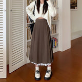 Joskka Vintage Lace Pleated Skirt Women Autumn Winter 2023 Korean Fashion Loose Patchwork High Waist A-line Long Skirt Casual