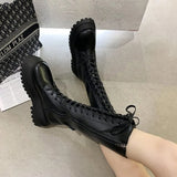 JOSKAA Women Motorcycle Boots Wedges Flat Shoes Woman High Heel Platform PU Leather Boots Lace Up Women Shoes Black Boots Girls