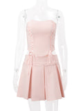 Joskka Casual Two Piece Sets Women Skir Suit Pink Strapless Lace Up Crop Top A-line Skirt Female Summer Outside Streetwear