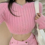 Joskaa-Women's Crop Top Sweater O-Neck Top Slim Fit Knitted Sweater Fluffy Sweater Crop Top Fuzzy Sweater Pullover