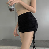 Joskaa-Summer New Temperament Drawstring Pleated Skirt Female Anti-glare Bag Hip Short Skirt High Waist Skirt