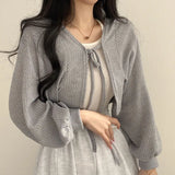 Joskaa-Korean Style Coat Cardigan Thin Short Lantern Sleeves Straps Sense of Design Vintage Solid Color Sun Protection