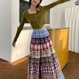 Joskka Plaid Patchwork Maxi Skirt Women Autumn 2023 Vintage Elastic High Waist Folds A-line Long Skirt Harajuku Streetwear