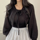 Joskaa-Korean Style Coat Cardigan Thin Short Lantern Sleeves Straps Sense of Design Vintage Solid Color Sun Protection