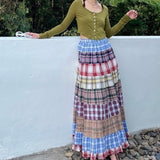 Joskka Plaid Patchwork Maxi Skirt Women Autumn 2023 Vintage Elastic High Waist Folds A-line Long Skirt Harajuku Streetwear