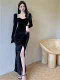 Joskaa-Sexy Party Dresses Women Winter Black Evening Elegant Long Dress Ladies France Vintage Split Fishtail Vestidos Autumn