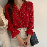 Joskaa-Spring And Autumn Fashion V-neck Love Print Shirt Sweet Fashion Long Sleeve Loose Petal Sleeve Blouse