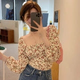 Joskaa-Autumn Women's Retro Floral Print Square Collar Sexy Sweet Long Sleeves Chiffon Shirt Blouse