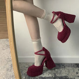JOSKAA Designer Fur Women Pumps Shoes Fashion Shallow Cross Strap Shoes Ladies Elegant Square High Heel Street Style Shoes