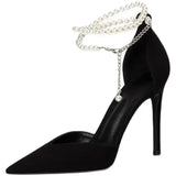 JOSKAA Black High Heels 2024 New Pumps Stiletto Pointed Toe Pearl Anklets High-end Shoes Fashionable Comfortable Women's Shoes