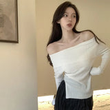 Joskaa-Autumn Spring Women's T-shirts Solid Color Split Slim Fashion Casual Knitted Off Shoulder Tops  T-shirts Retro Tops