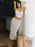 Joskka Print Low Chest Women Skirt Suit Beige Spaghetti Strap Top High Waist Skirt Female Summer Slim Casual 2 Piece Sets