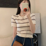 Joskaa-Summer Casual Fashion Striped Printing T-shirt Women Short Sleeve Pullover Tops Women Loose O-neck Tee Female Clothes