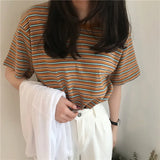 Joskaa-Women's Fashion Summer Casual T Shirt Short Sleeve O-Neck Korean Style Striped Loose Tee