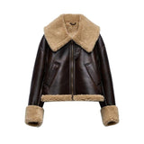 Joskaa Faux Fur Collar Pu Leather Jacket