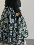 JOSKAA 2024 New Skirt Fashion Blue Floral Pleated Ramie Cotton Skirt