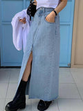 JOSKAA 2024 New Skirt Fashion Retro All-Match High Waist Slit Rolled Edge Denim Skirt