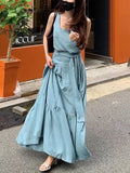 JOSKAA 2024 New Skirt Fashion French Square Neck Sleeveless Top + High Waist Swing Skirt Set