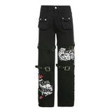 Black Friday Sales Hippie Jeans Comic Print Punk Pant Grunge Clothes Korean Fashion Straight Women Streetwear Y2k