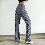 Thanksgiving Gift Letter Print Denim Jeans Pants Straight Streetwear Casual Women Trousers Clothes Fashion 90S