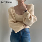 Joskaa Autumn Winter Sexy Square Collar Pullover Basic Warm Sweater for Women Korean Soft Kniited Solid Sweater Tops
