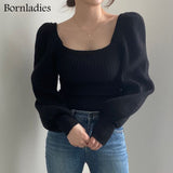 Joskaa Autumn Winter Sexy Square Collar Pullover Basic Warm Sweater for Women Korean Soft Kniited Solid Sweater Tops