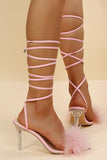 JOSKAA Woman Elegant high heel Pink Feathers Pointed Toe Stiletto Sandals with Lace-up