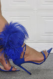 JOSKAA Woman Elegant high heel Royal Blue Feather Pointed Toe Stiletto Sandals