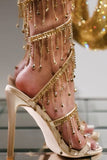 JOSKAA Woman Elegant high heel Golden Sparkly Strappy High Heeled Sandals With Tassel