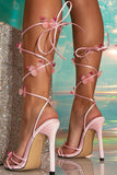 JOSKAA Woman Elegant high heel Pink Lace Up High Heeled Sandals With Butterflies