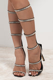 JOSKAA Woman Elegant high heel Black Rhinestone Decor Stiletto Heeled Strappy Sandals
