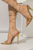 JOSKAA Woman Elegant high heel Golden Open Toe Stiletto Sandals with Lace-up