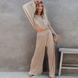 Christmas Gift Simple Fashion Corduroy Two Piece Outfits Women Elegant O Neck Tops Pullover and Wide Leg Pants Suit New Autumn Winter Solid Set