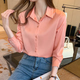 Christmas Gift V-neck Solid Ladies’ Tops Women's Silk Shirts Women 2021 Fashion Satin Long Sleeve Blouses Button Up White OL Vintage Tops 17278