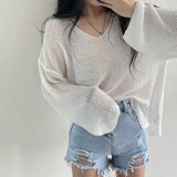 Back To College Autumn 2021 White Blouse Hollow Out Sunscreen Sweater Loose Lady Tops V-neck Sweater Summer Sunscreen Blouse New Chic 15734