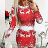 Christmas Gift Fall O-Neck Office Dress Fashion Elk Snowflakes Print Pullover Mini Dress Women Long Sleeve Christmas Pattern Knit Bodycon Dress