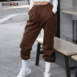 Christmas Gift InstaHot Autumn Women Sweatpant 90% Cotton Solid High Waist Trousers Cargo Pant Pockets Casual Streetwear Thicken Winter Capris