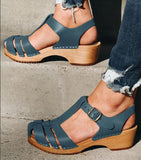 Joskaa New Summer Women T Strap Sandals Mid Heels Platform Ladies Shoes Closed Toe Beach Sandals