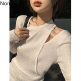 Christmas Gift Nomikuma Backless Slim Sweater Women Solid Color Hollow Out Long Sleeve O Neck Pullover Fake Two Piece Casual Korean Pull Femme