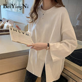 Christmas Gift Beiyingni Loose Plus Size T-shirt Female Long Sleeve Casual Vintage Split Tops Woman Spring Autumn BF Cotton Plain T Shirt Women