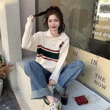 Black Friday Sales Sweet Girly Splicing Stripe Women Sweater Korean Winter Fashion Pullove Cartoon Embroidery Sweater Vintage Preppy Style Knitting