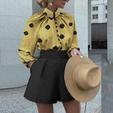 Joskaa 2022 Elegant Vintage Printed Stand-Up Collar Button Shirt + Fashion Pocket Shorts Suits Autumn New Long Sleeve Women 2 Piece Set